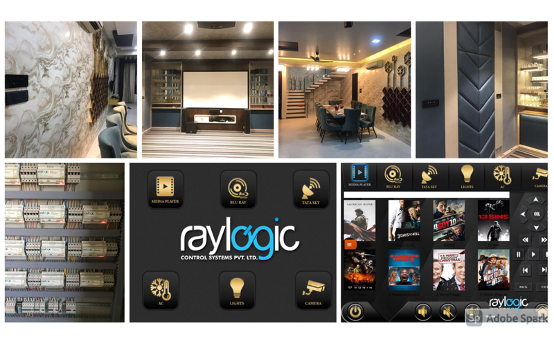 Raylogic automation project collage showing interiors, electrical panels and control interfaces