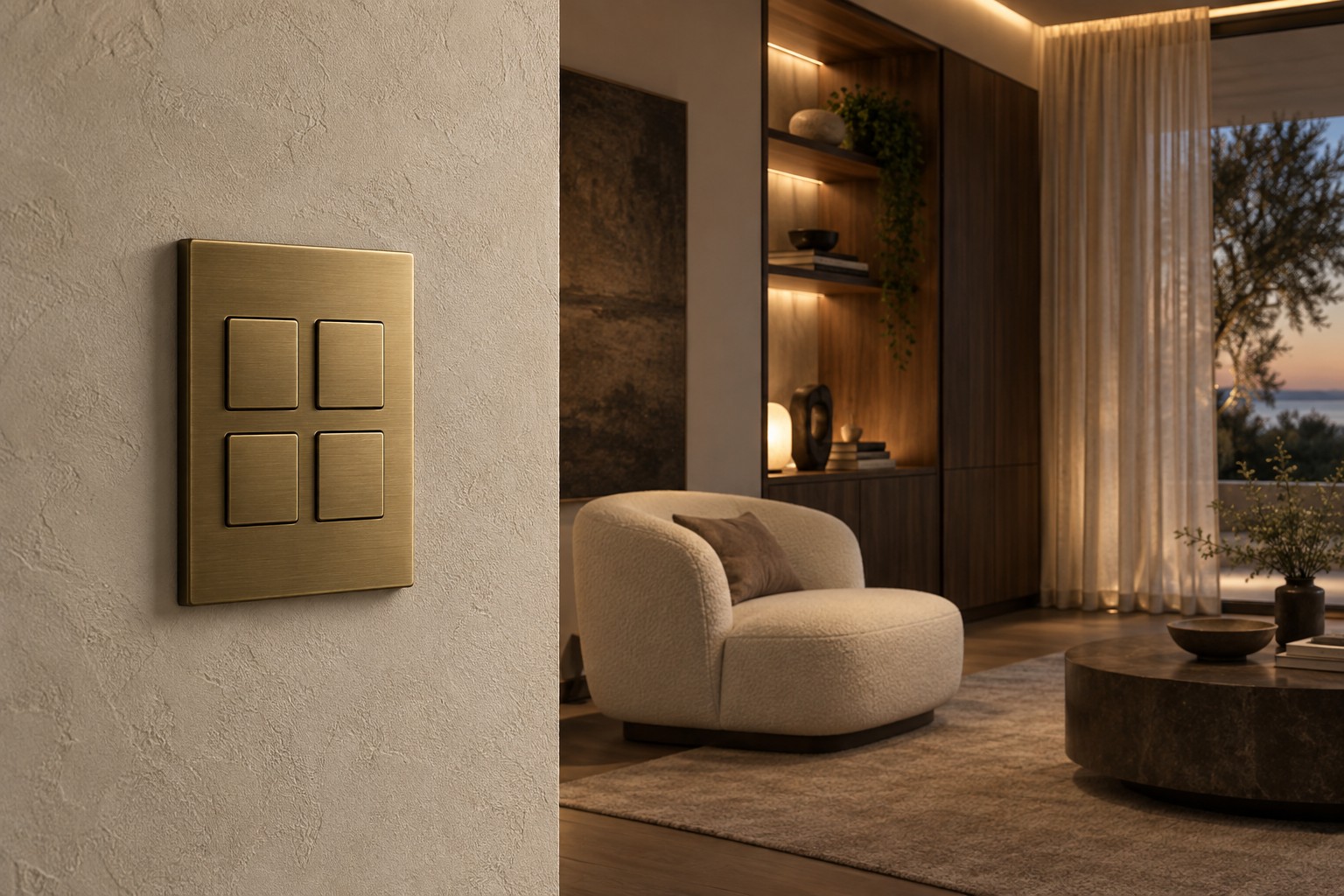 Brass scene keypad beside a warmly lit contemporary lounge