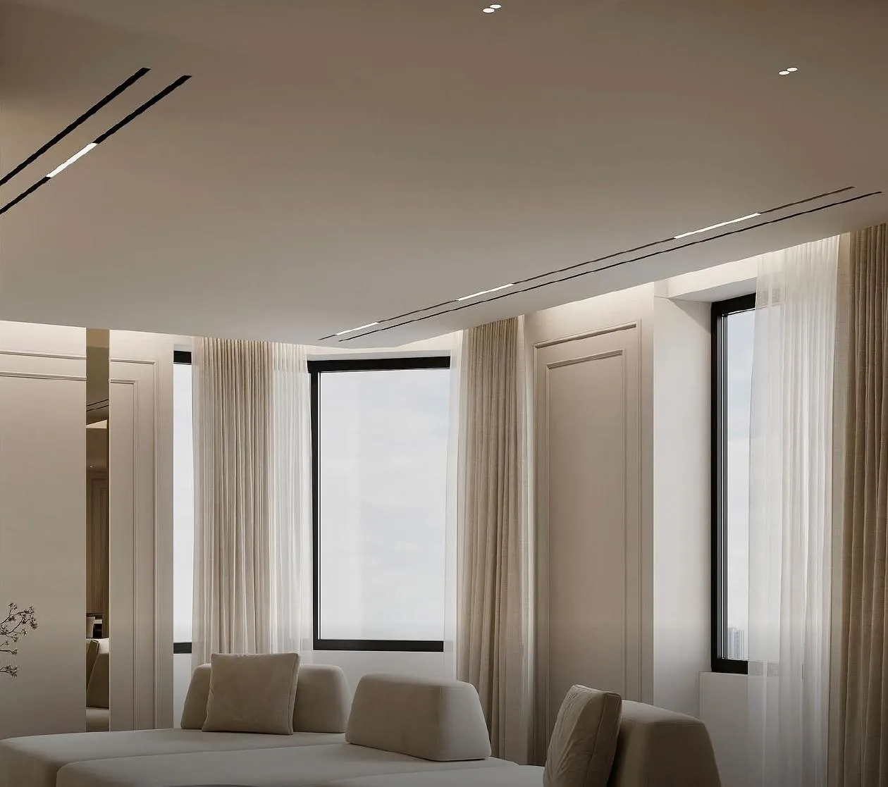 Luxury double-height residential living room with integrated architectural lighting