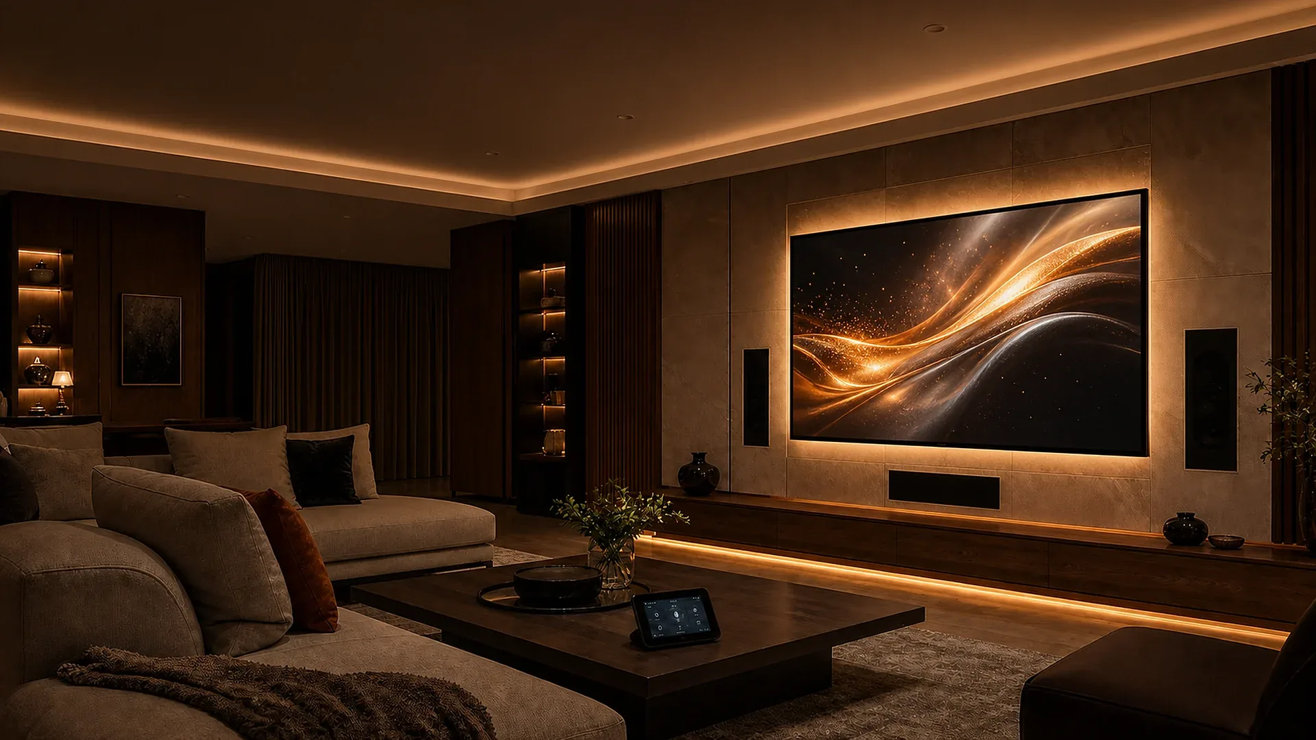 Family lounge where wired and wireless systems create one coordinated experience