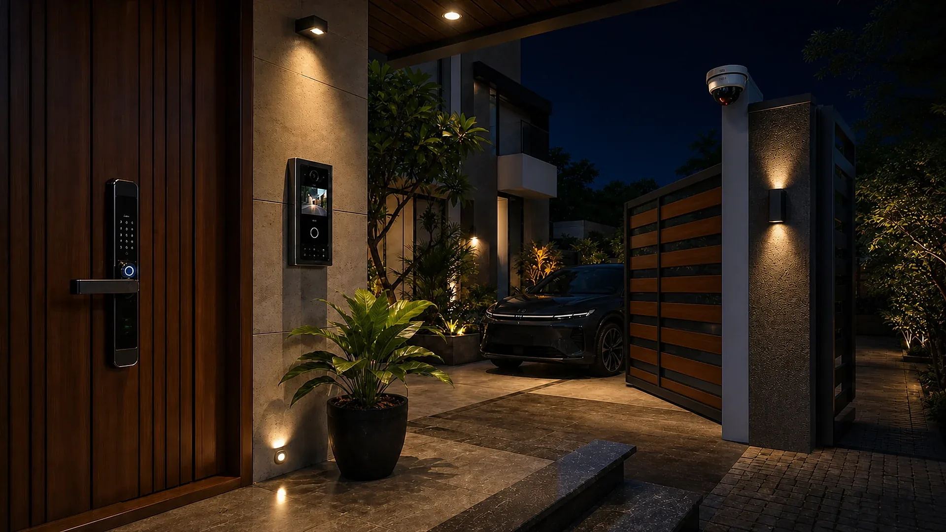 Residential driveway at night