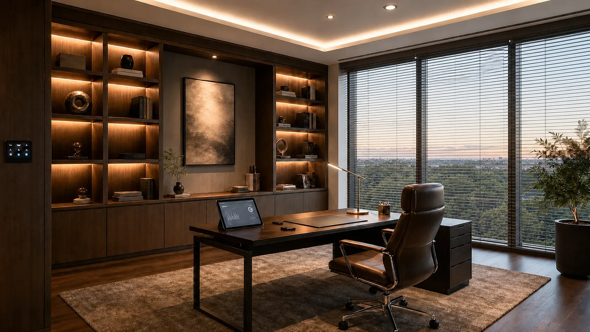 Finished home office demonstrating coordinated lighting and comfort
