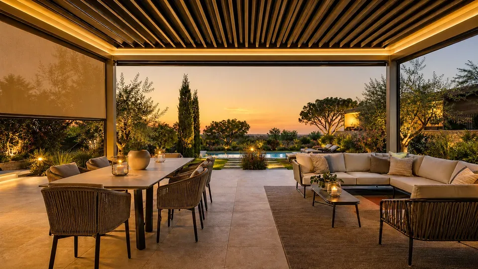Automated terrace and garden at sunset